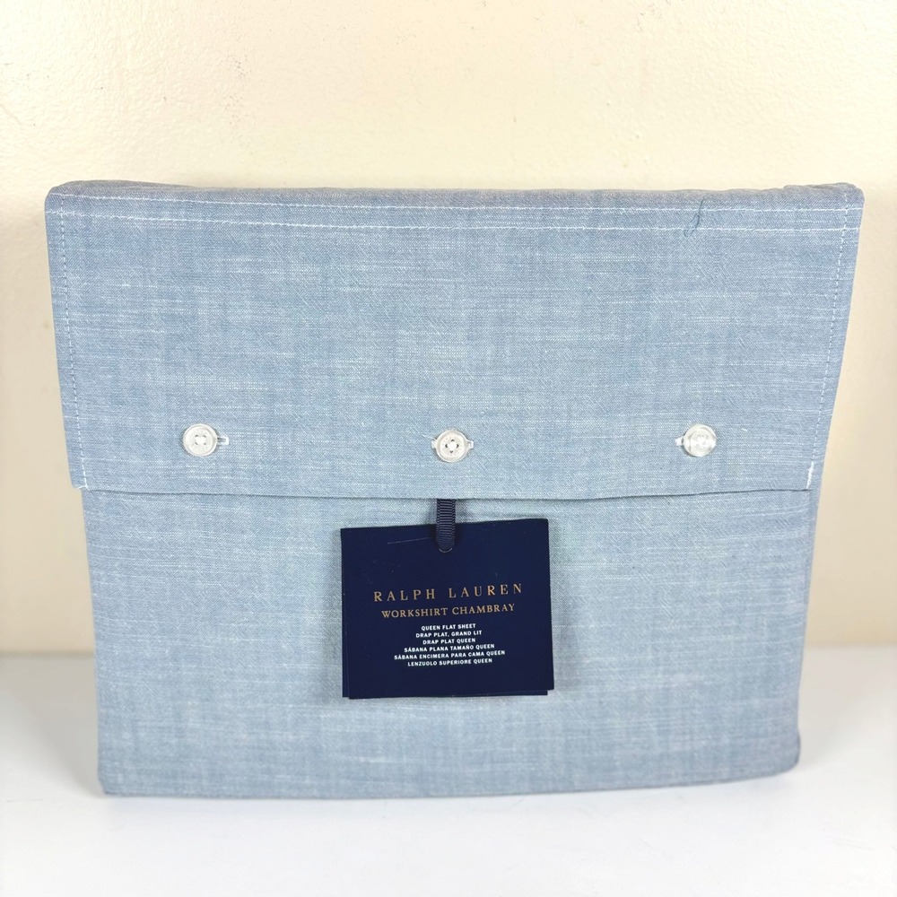 Ralph Lauren Workshirt Chambray Queen FlatSheet Blue 100%Cotton NEW $215 Online! - Picture 2 of 7